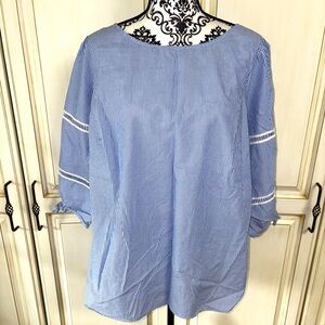 Talbots Petite Size 2X Blue and White Coastal Striped 3/4 Sleeve Poplin Blouse